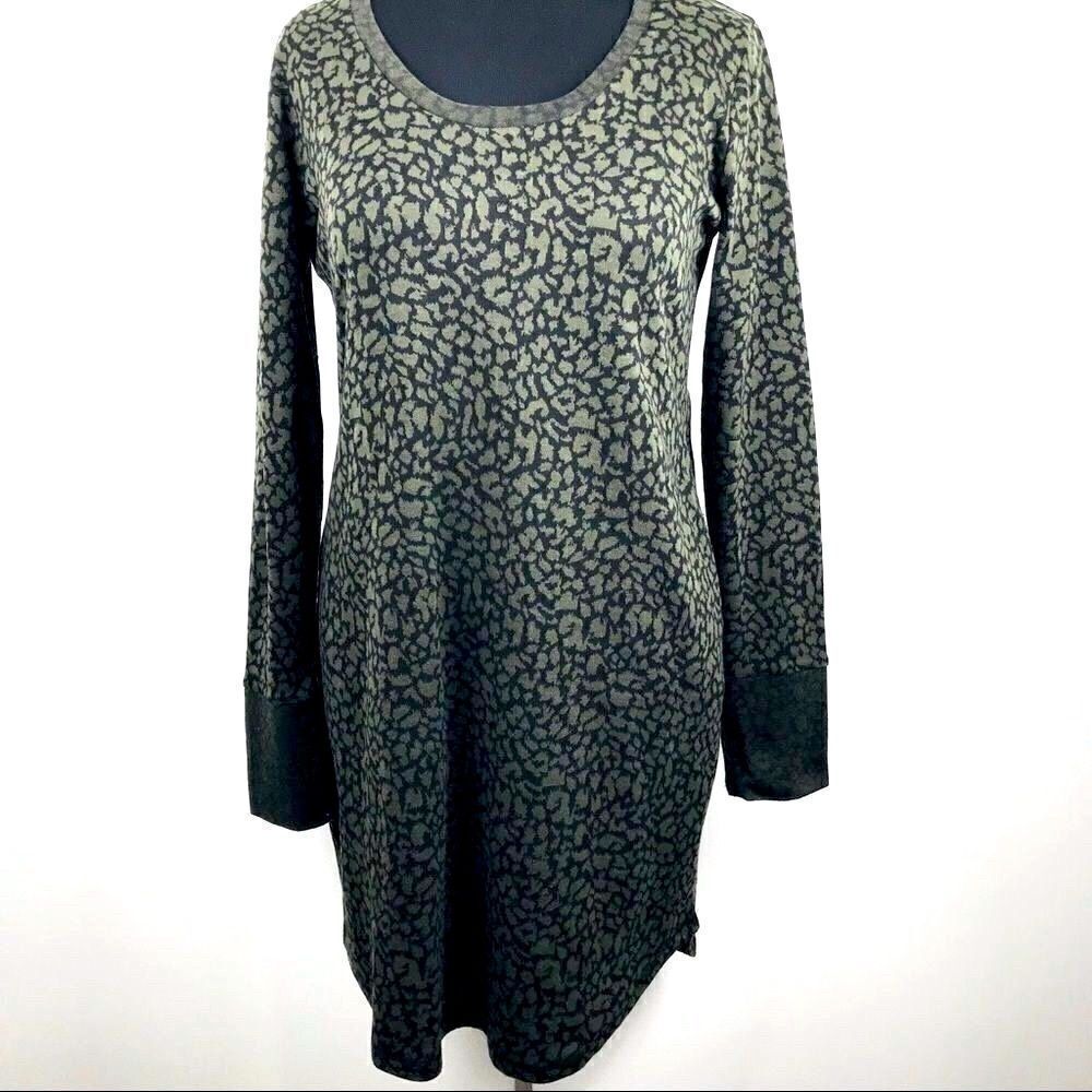 Kavu Olive Green and Black Animal Print Long Sleeve Popover Jersey Knit Dress